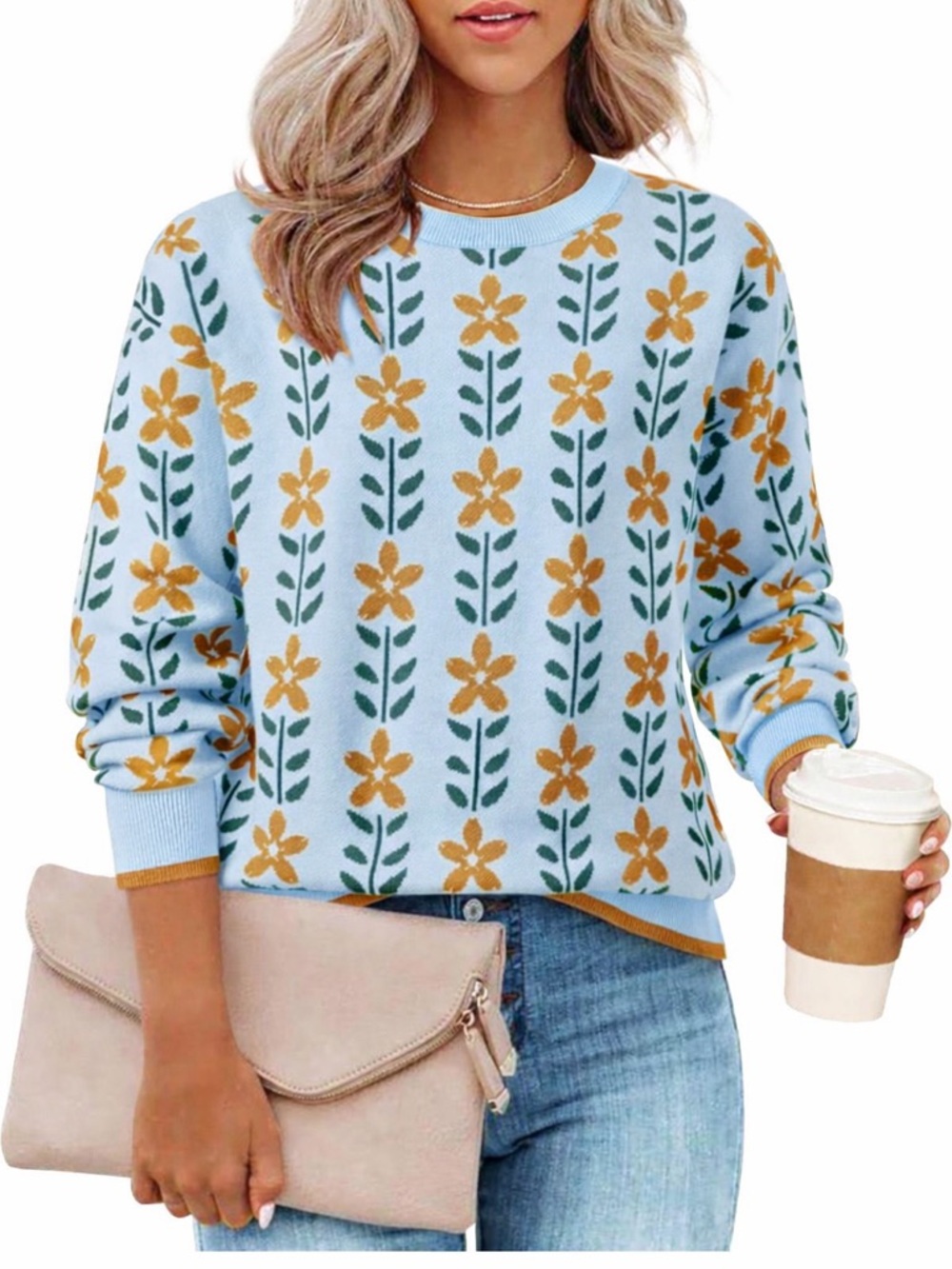 Light Blue Floral Knit Sweater